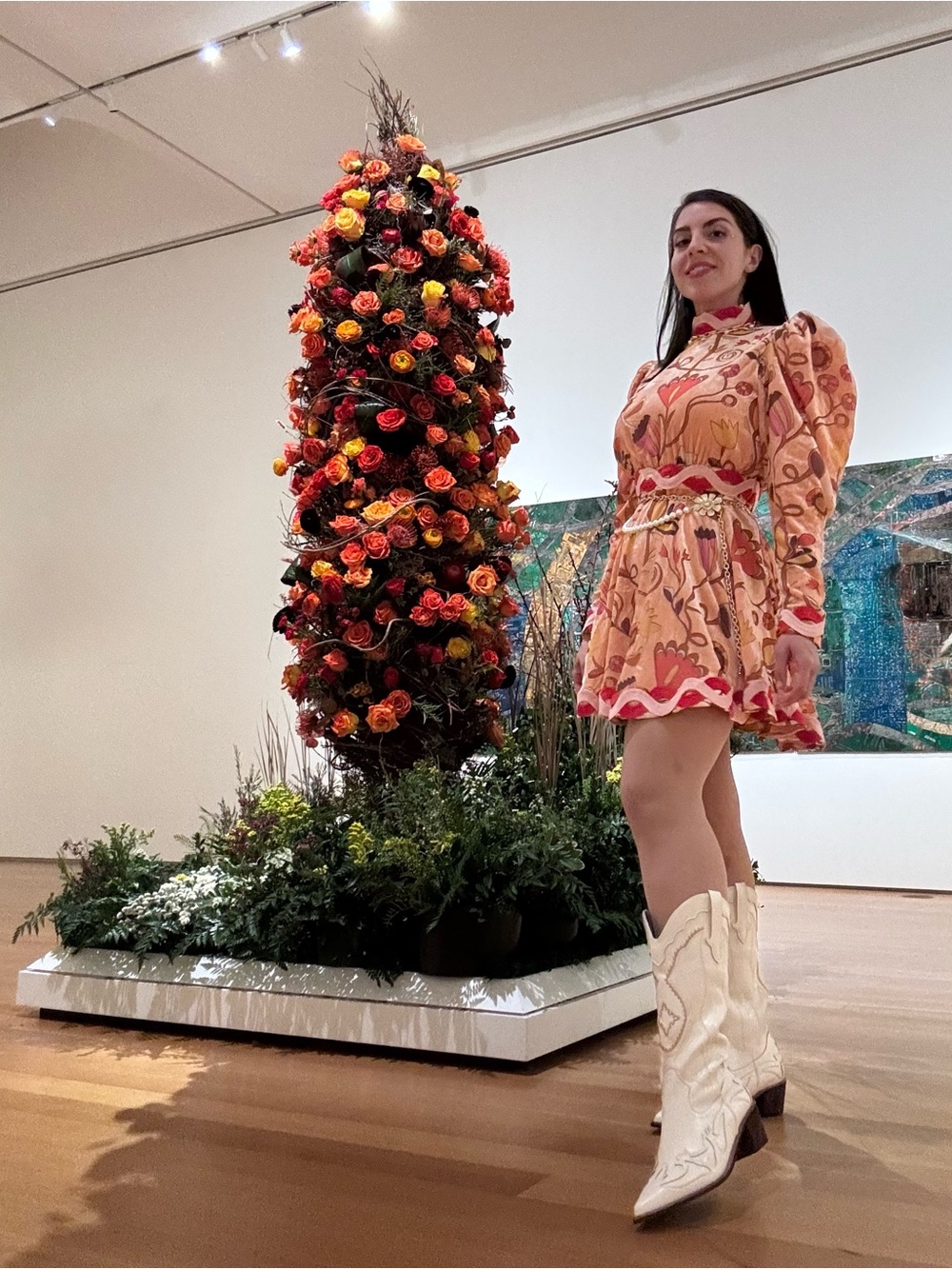 CeliaB Orange Floral Velvet Dress with Pink Trim